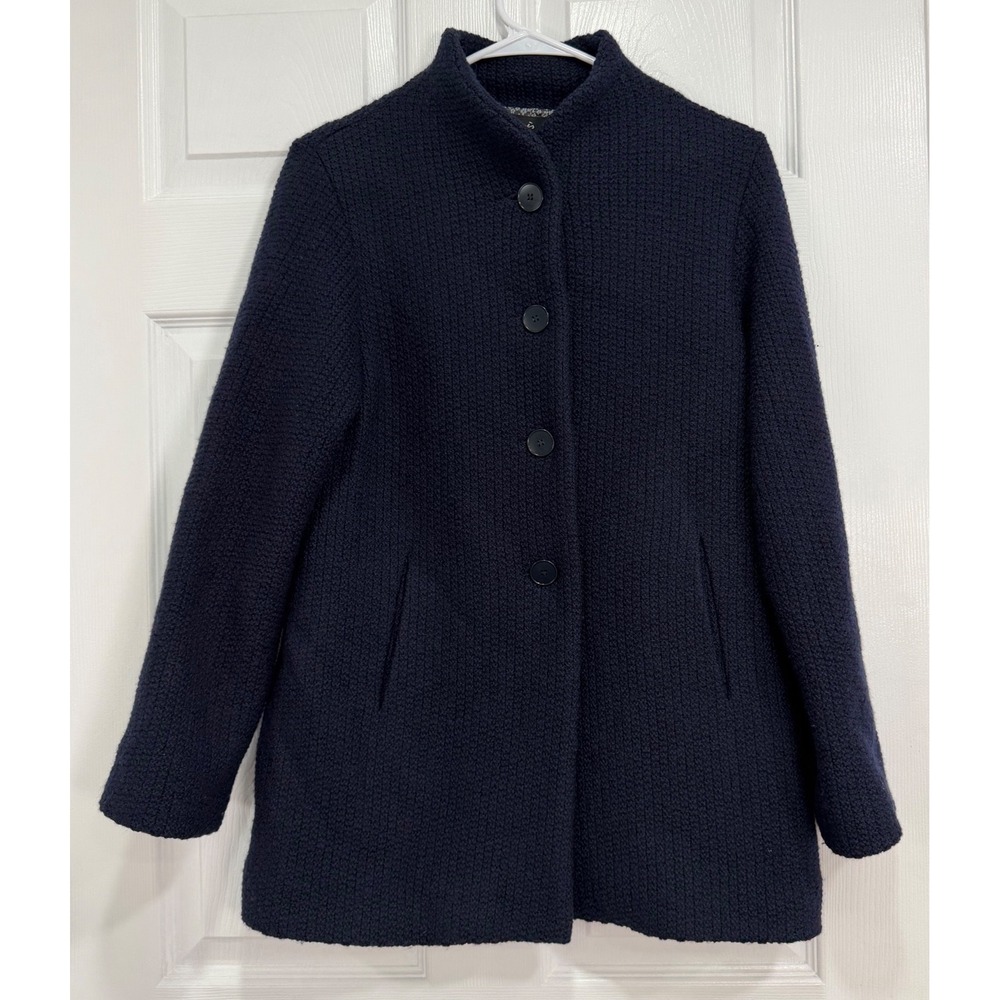 Agnes B Paris Navy Blue 100% Wool Mock Neck Textured Button Front Coat Size 1